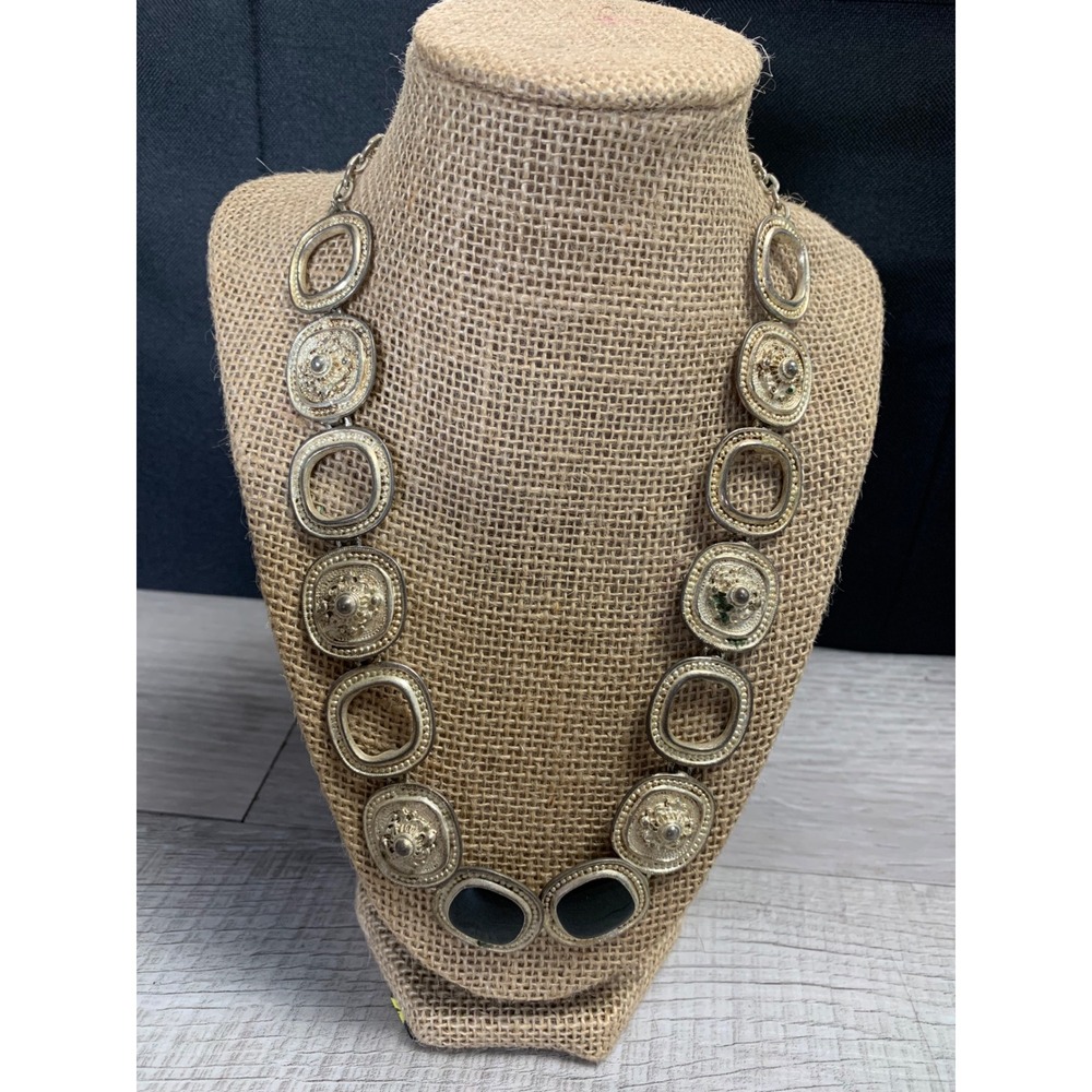 Vtg Etruscan Revival Silver Tone Black Cabochon Statement Collar Necklace 20"